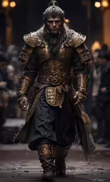 a man in armor walks down a street