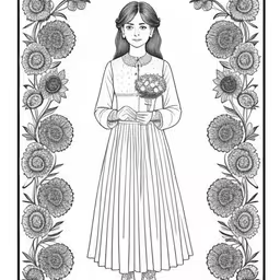 a woman wearing a flower crown is standing next to flowers,the drawing of a girl standing under flowers