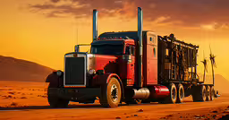 red semi truck on desert road at sunset,a semi - truck is traveling on an arid road