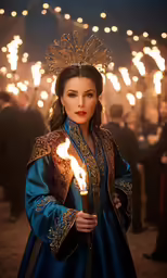 an asian woman in blue wearing a tiara holding a lit candle