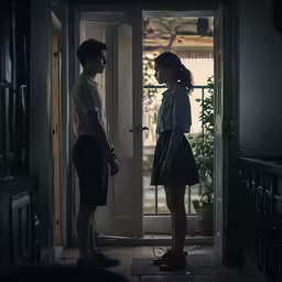 a man and woman in an entrance way with a light shining through them