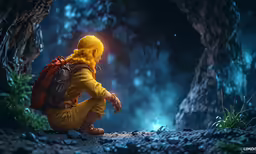 a person in a yellow jacket and backpack crouching near a cave