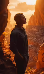 the young man is standing near the cliffs at sunset