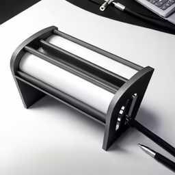 there is a metal device holder on the desk