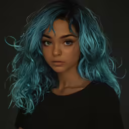 a woman with blue hair with bangs and wavy locks