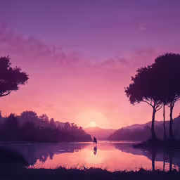 sunset on an unspoible lake and two silhouetted trees,a woman is walking across the water at sunset