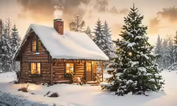 a house surrounded by snow and christmas trees