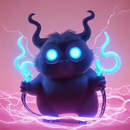 a small devil with blue eyes and glowing eyes