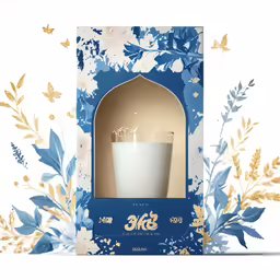 a box containing an empty cup on white background with floral decoration