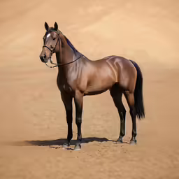 the brown horse is standing on a brown sandy hill
