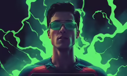 a digital painting of a man in an electric green jacket with glasses on and lightnings behind him