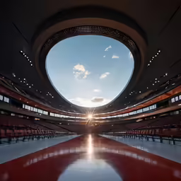 an empty stadium sits below the bright sun