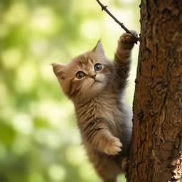 a small brown kitten climbing up the side of a tree