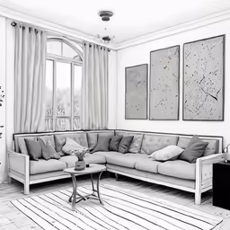 the sectional couch sits in front of two large paintings