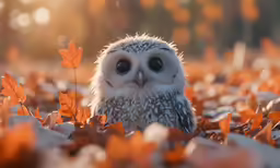 a owl sitting in a bed of autumn leaves