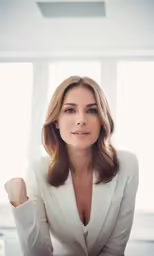 the woman in a suit has one arm raised