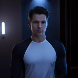a man is looking at the camera in a dimly lit room