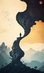 a man looking at the edge of a cliff in front of a giant tree