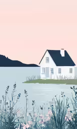 a house on water near grass and mountains