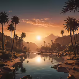 a beautiful view of palm trees and a lagoon in the evening