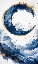 an abstract painting with gold and blue circles