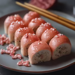 sushi rolls covered in powdered sugar and topped with toppings