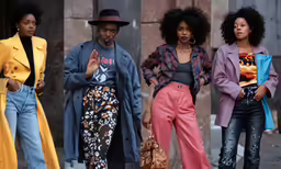 four models stand in the street near two buildings