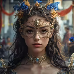 a close up of a person wearing a costume