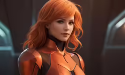a red haired woman wearing an orange outfit in front of dark background