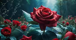 a beautiful red rose surrounded by greenery and droplets