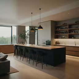 the modern kitchen is made in a dark tone with an island