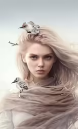 woman with bird hair clips and white shirt