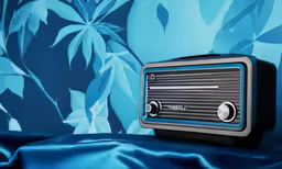 a small stereo set sitting in front of a blue flower background