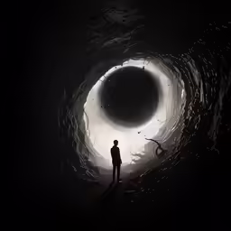 the man stands in a very dark cave