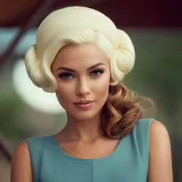 a blond lady with long hair wearing blue