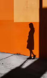 a woman walking down a sidewalk by a bright colored wall