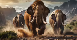 three elephants walk through a desert terrain with rocky peaks