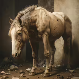 there is a horse standing in a dark alley