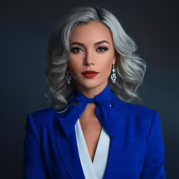 an attractive woman with gray hair posing for a photo