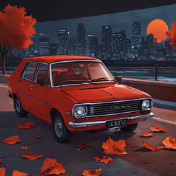 an orange station wagon parked next to the water in front of the city,the car in front of a painting is parked outside