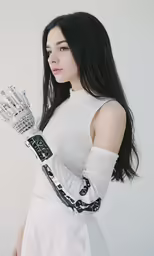 the young woman is dressed in white and posing