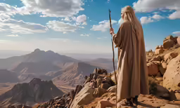 the figure of a person with long hair is on top of a hill looking at mountains