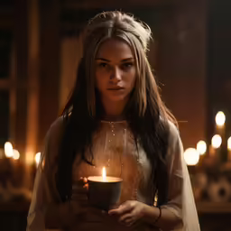 a woman in medieval dress holding a candle