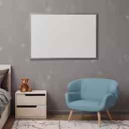 a bedroom with two teddy bears sitting in chairs and a whiteboard on the wall