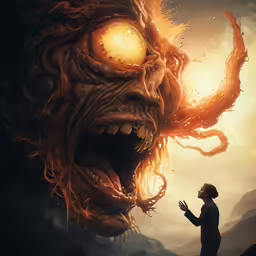 an image of a man staring at a monster