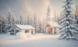 a winter scenery with a cabin and pine trees
