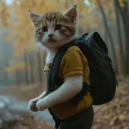 a cat is walking down a street with backpacks on it