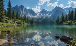 there are rocks and some water near a mountain