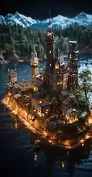 an island with many small houses and buildings lit up at night