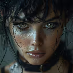 woman with freckles and black fur with hair blowing in wind,an artistic photograph of a woman with frecked hair